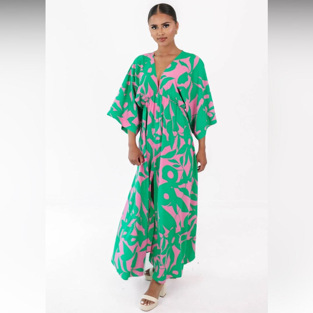 Tyche Tropical Pink & Green Kimono Maxi Dress